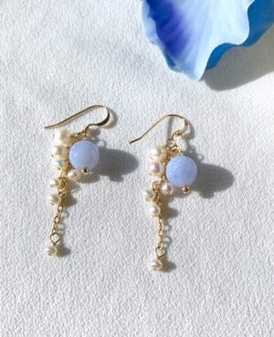 Blue lace agate and pearl earrings