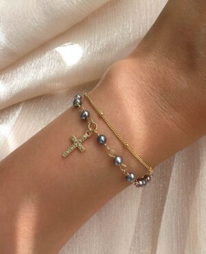 Iridescent pearl rosary double strand bracelet