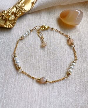 Peach moonstone and white pearl Orion bracelet