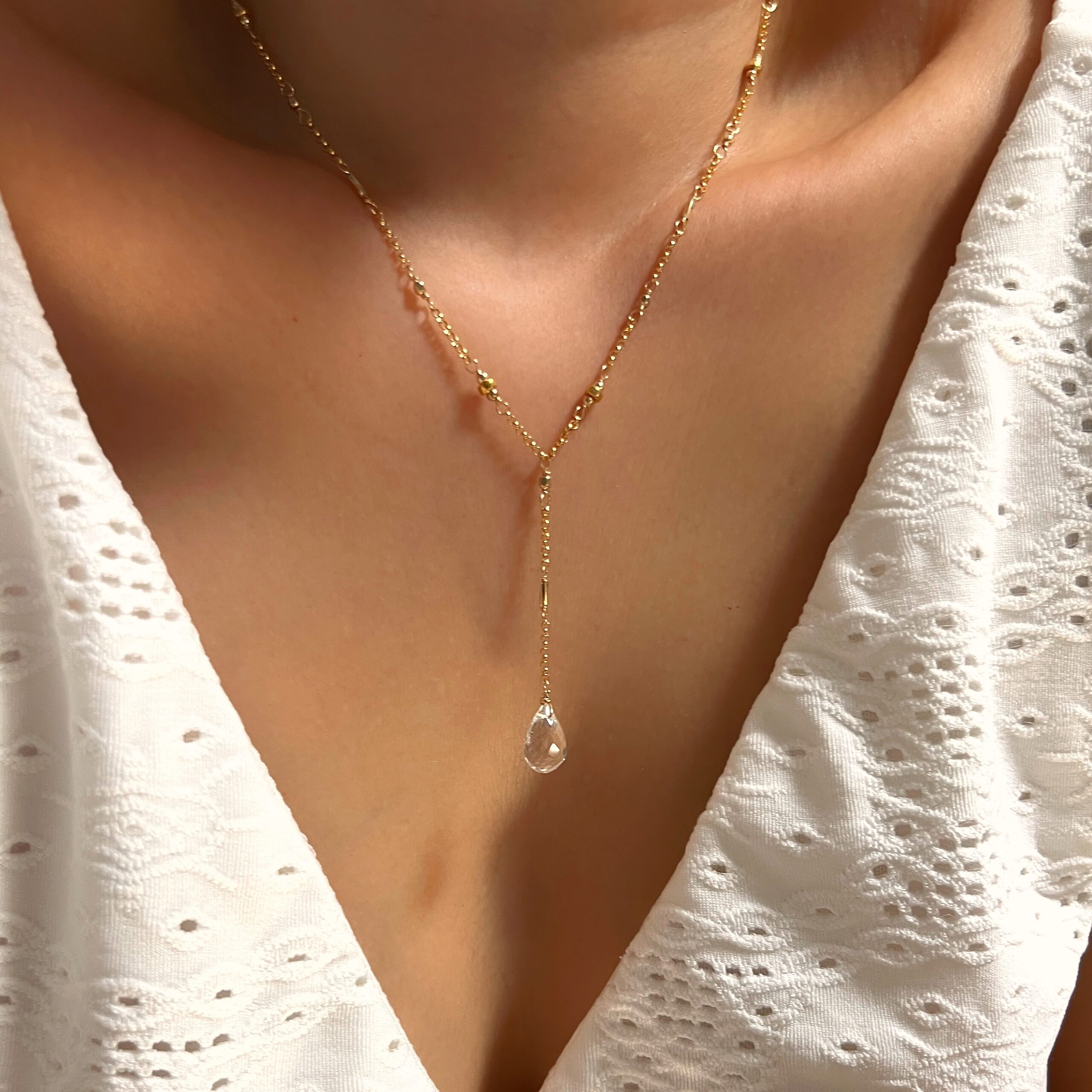 Tear drop cut clear quartz lariat necklace - Image 6