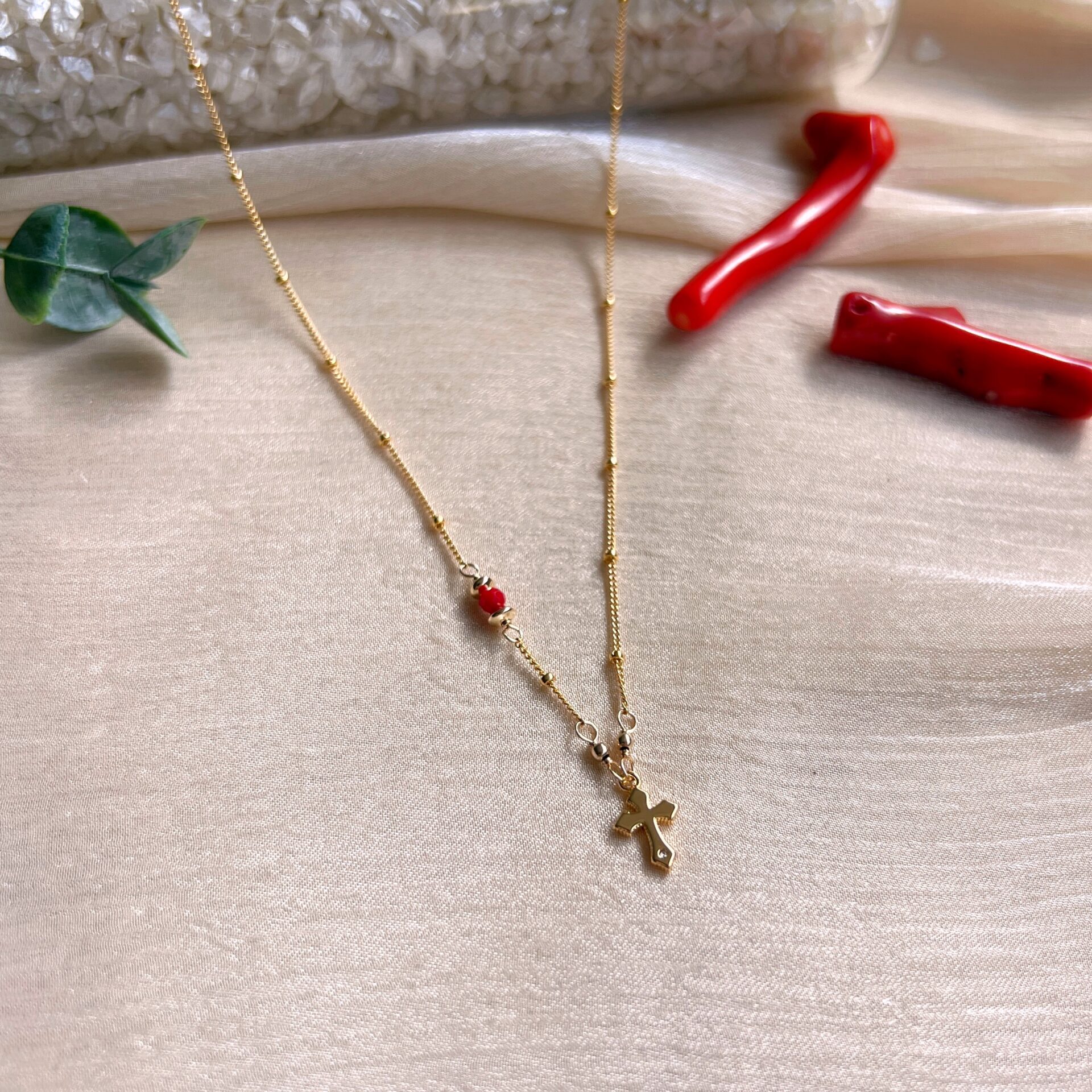 Red coral and tiny cross charm dainty necklace - Image 2