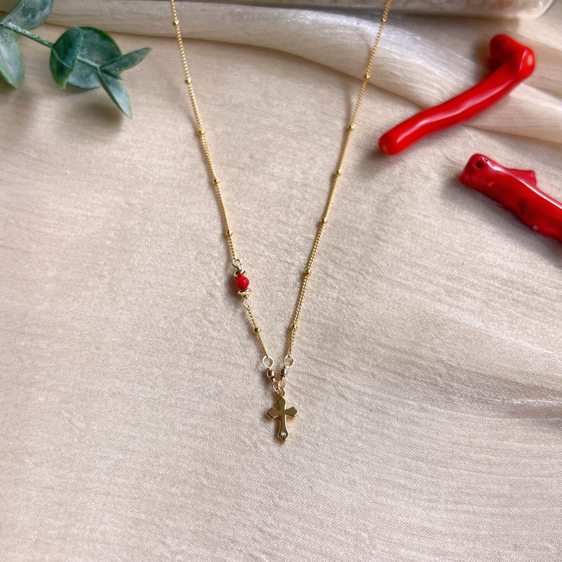 Red coral and tiny cross charm dainty necklace - Image 3