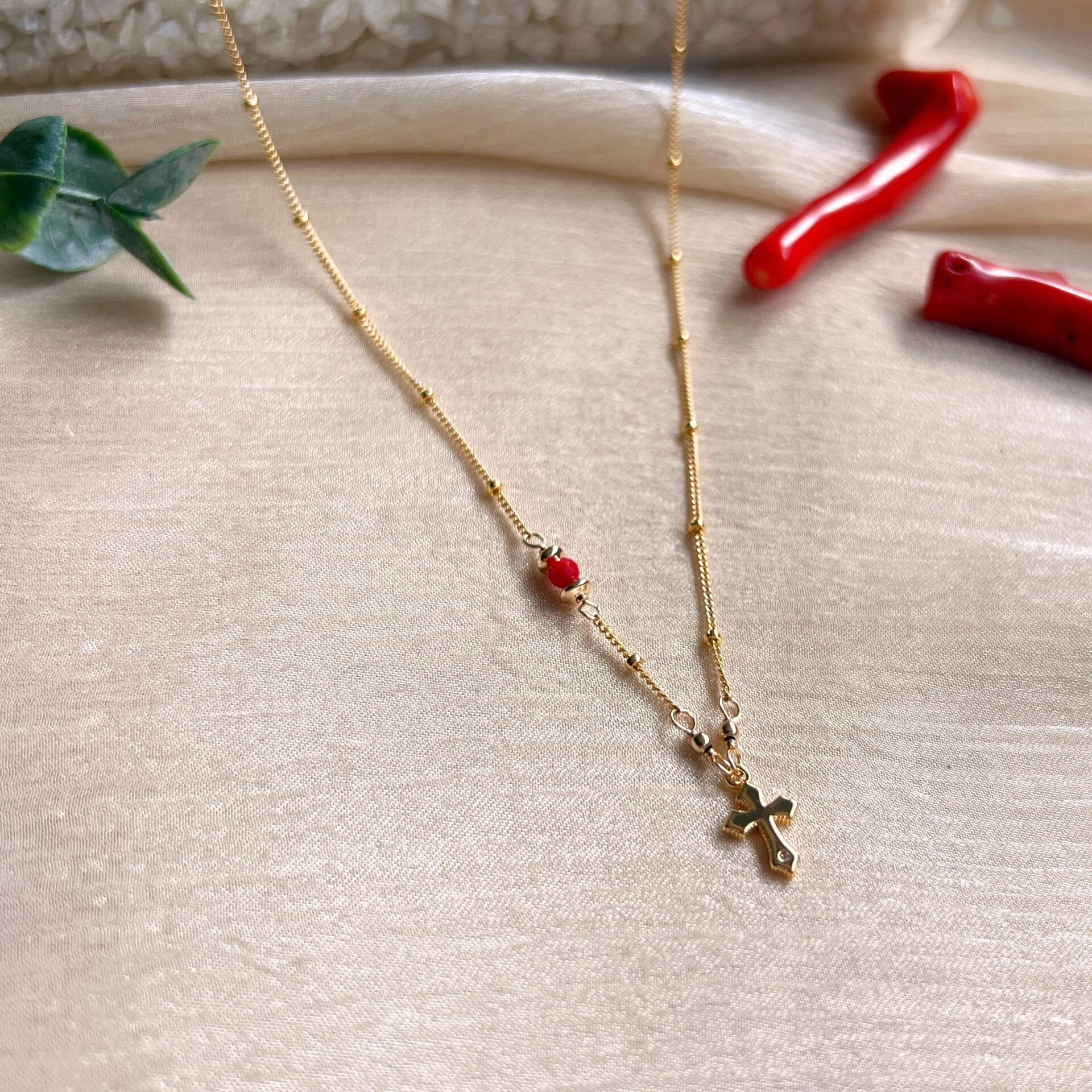 Red coral and tiny cross charm dainty necklace - Image 4