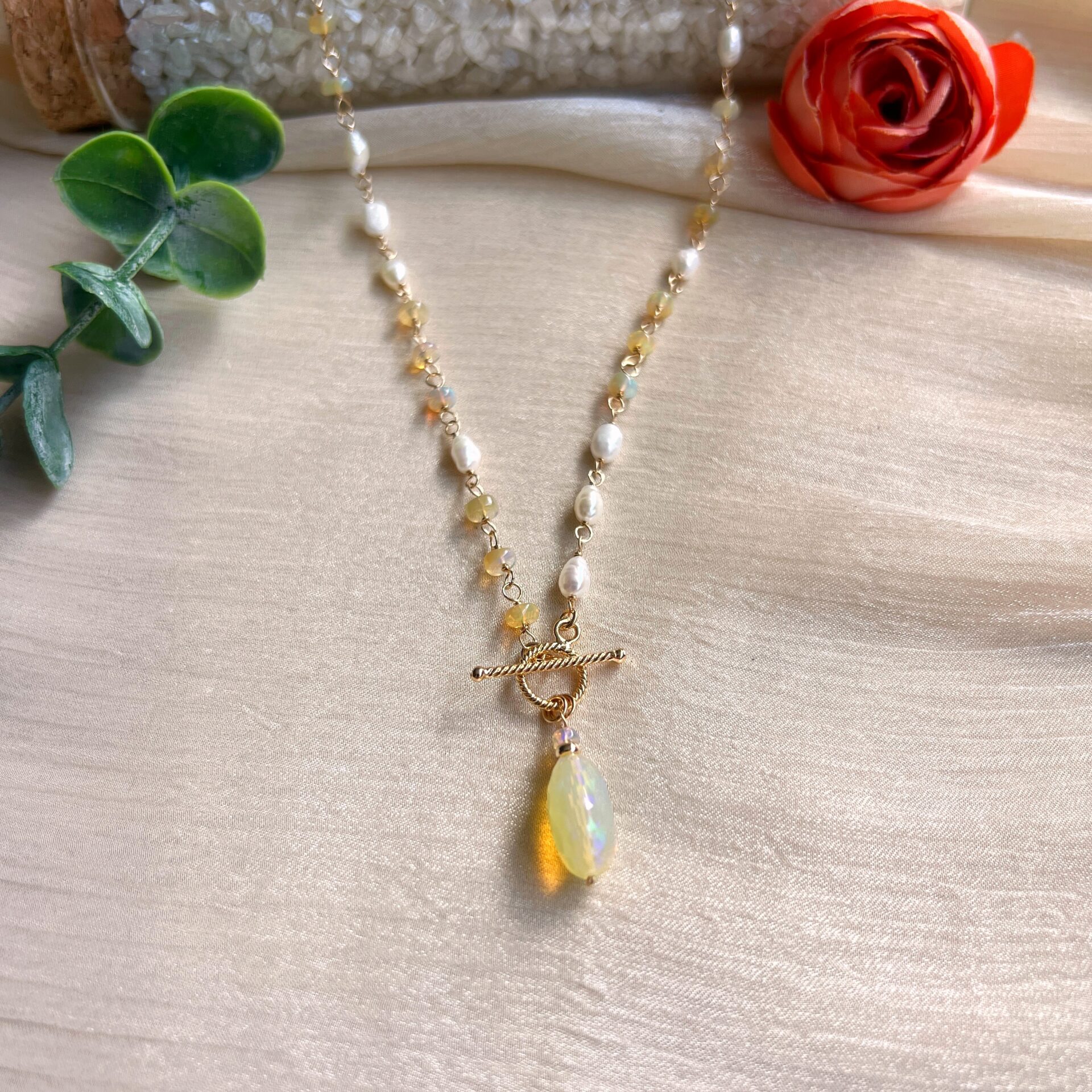 Yellow opal and baroque pearl toggle necklace - Image 3