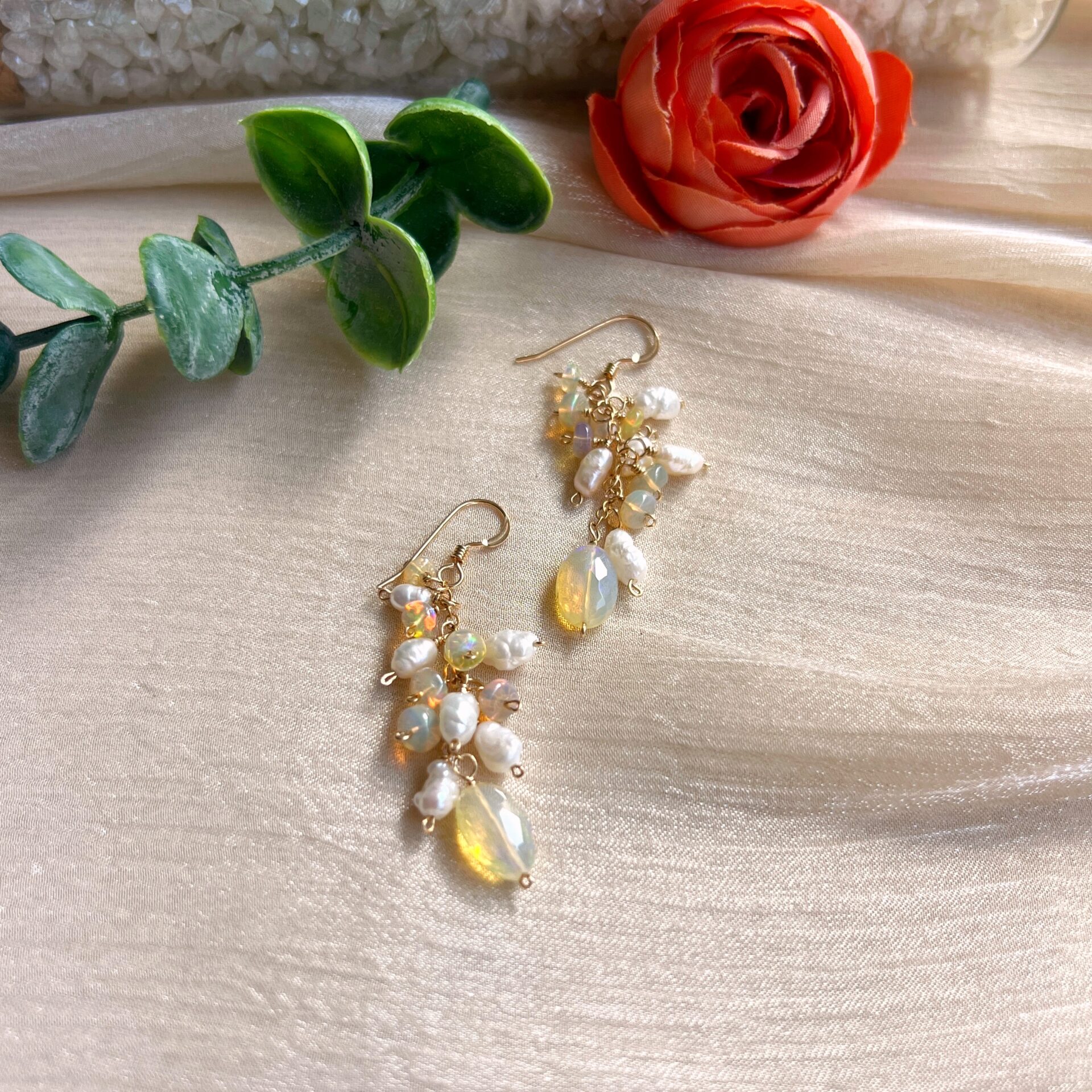 Yellow opal and baroque pearl fruits dangle earrings - Image 2