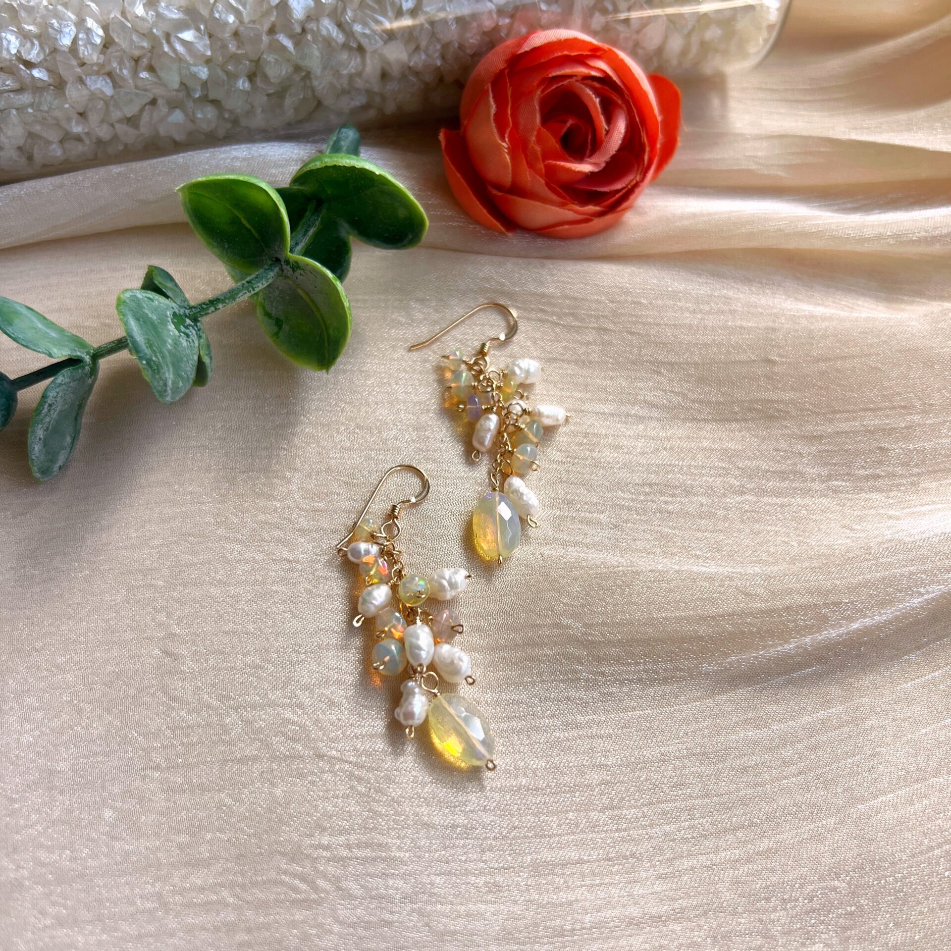 Yellow opal and baroque pearl fruits dangle earrings - Image 3