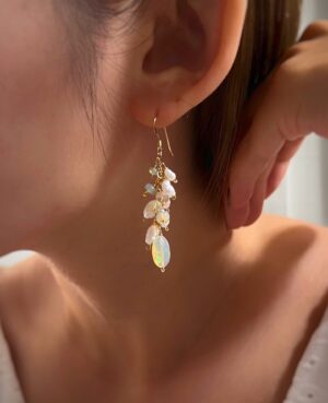 Yellow opal and baroque pearl fruits dangle earrings