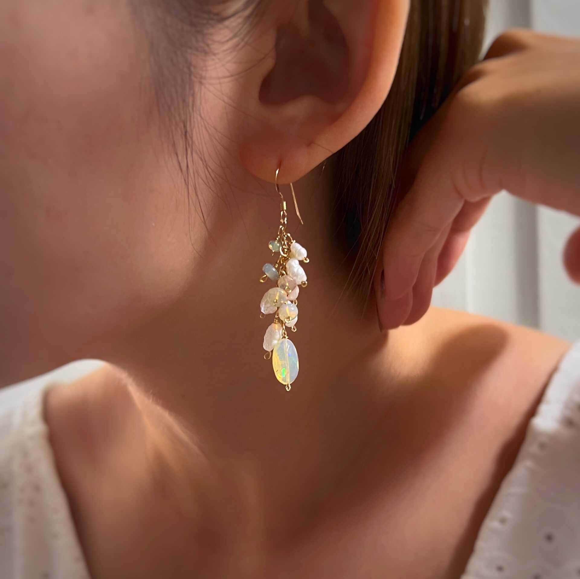 Yellow opal and baroque pearl fruits dangle earrings