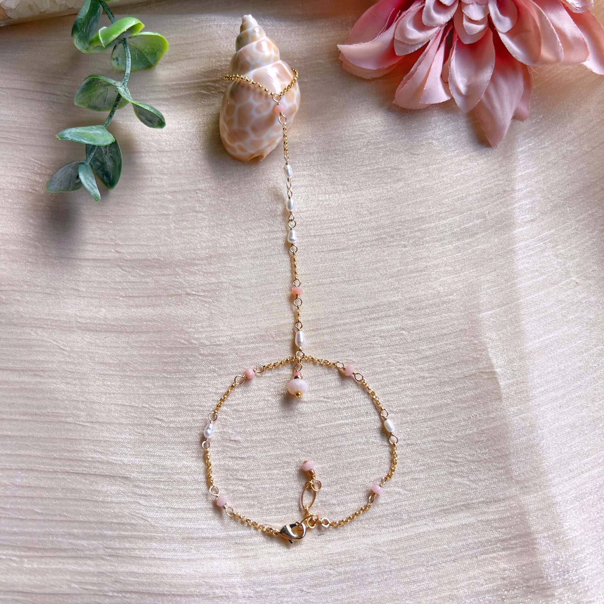 Pink opal and baroque pearl Yuki dangle hand chain - Image 5