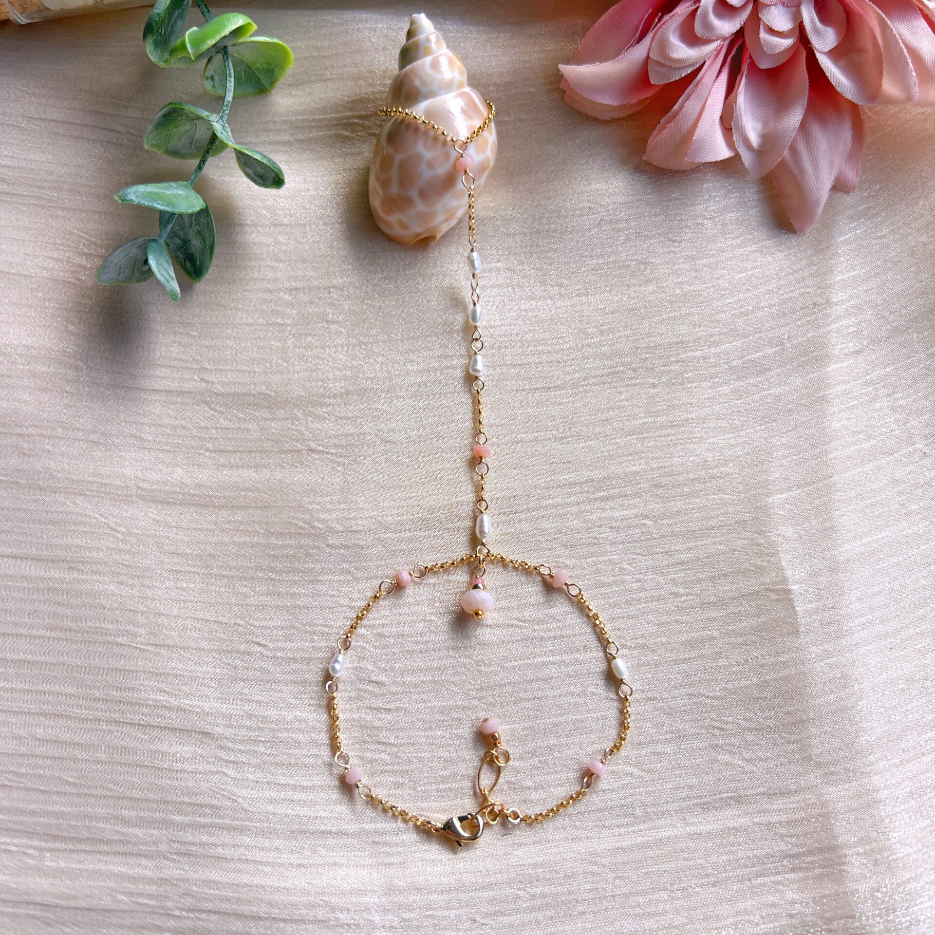 Pink opal and baroque pearl Yuki dangle hand chain - Image 4