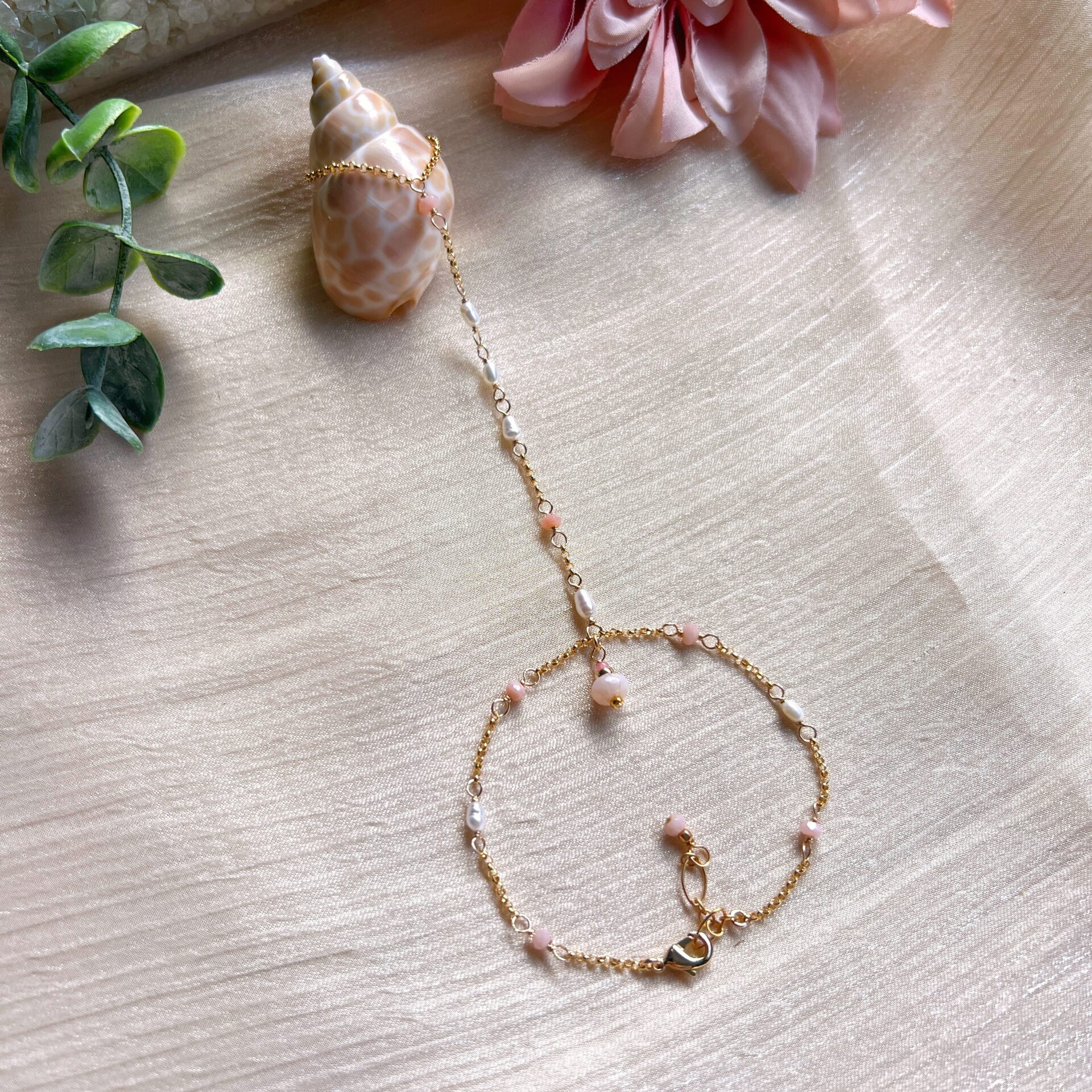 Pink opal and baroque pearl Yuki dangle hand chain - Image 3