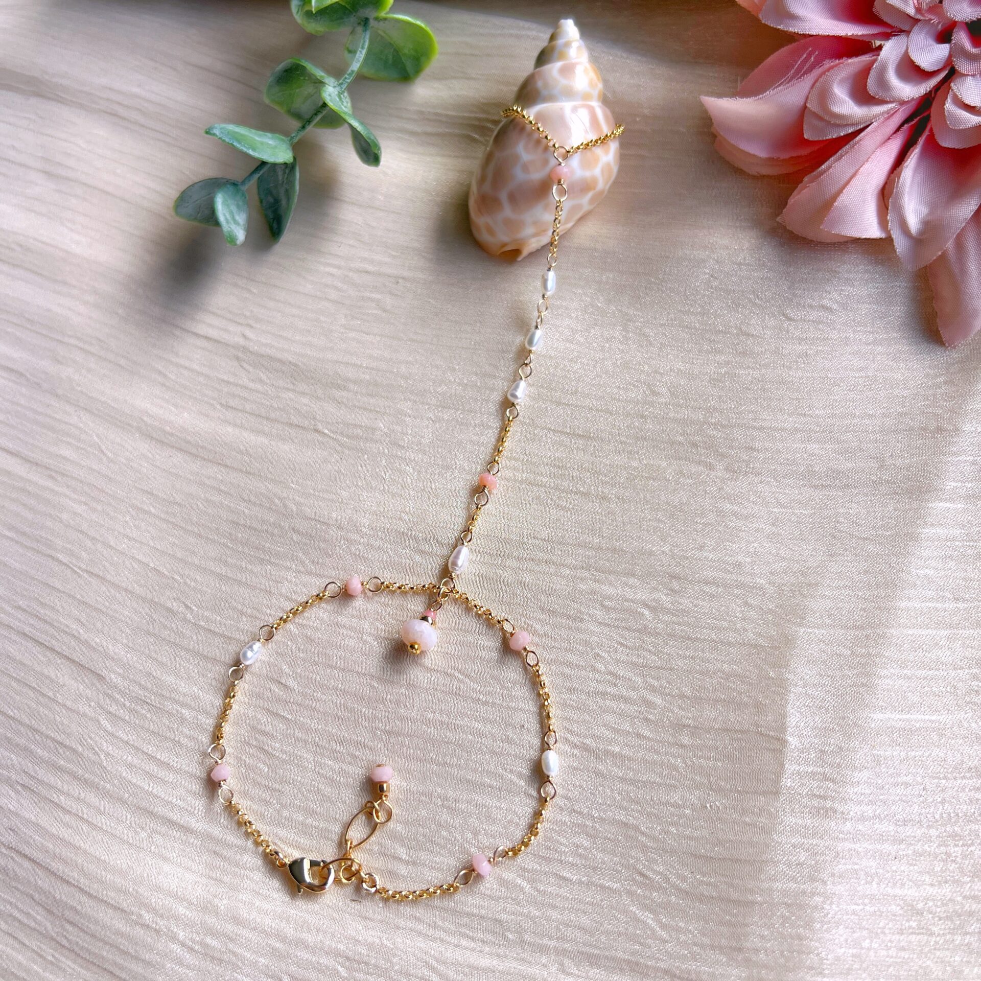 Pink opal and baroque pearl Yuki dangle hand chain - Image 2
