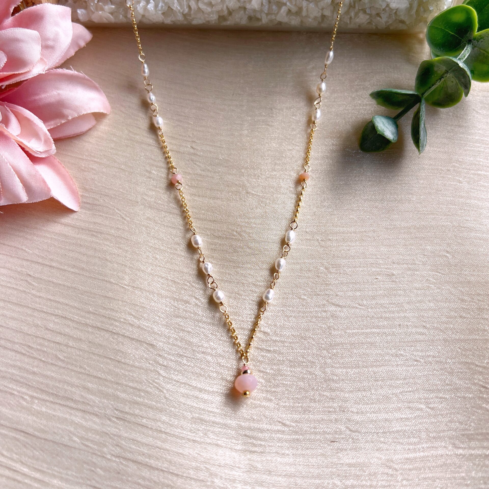 Pink opal and baroque pearl Yuki necklace - Image 2