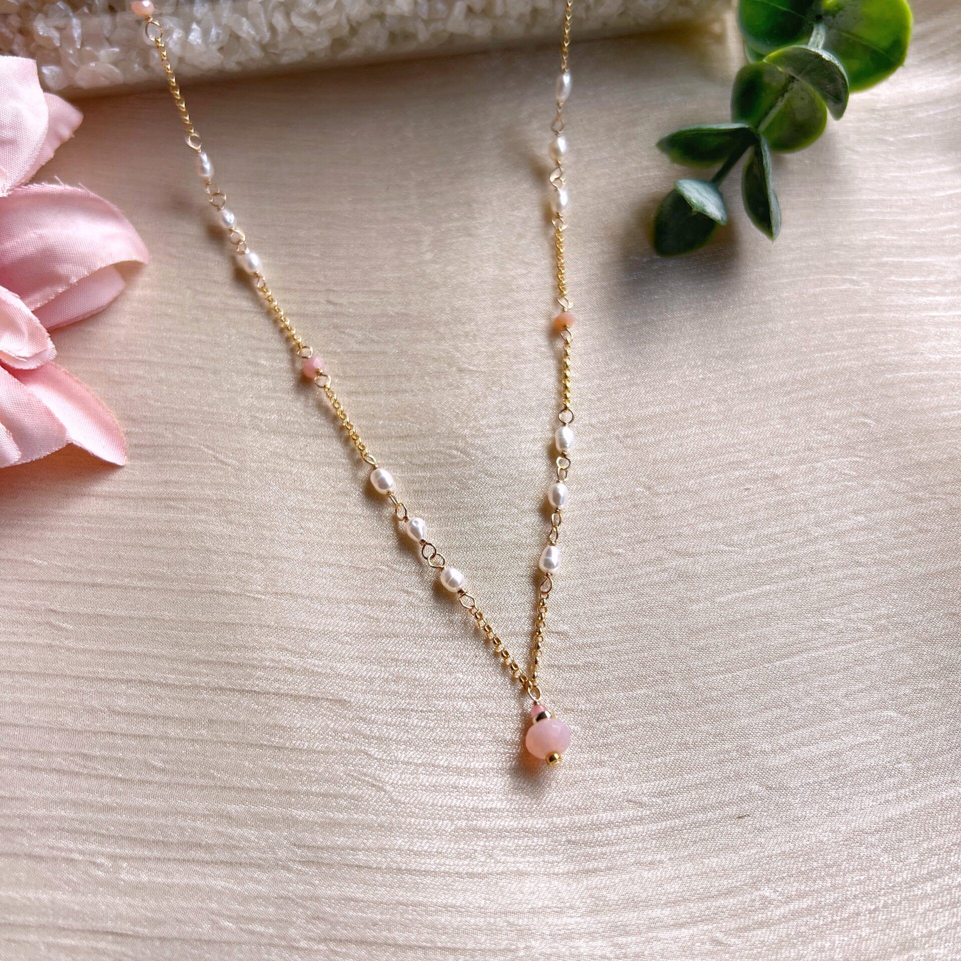 Pink opal and baroque pearl Yuki necklace - Image 3
