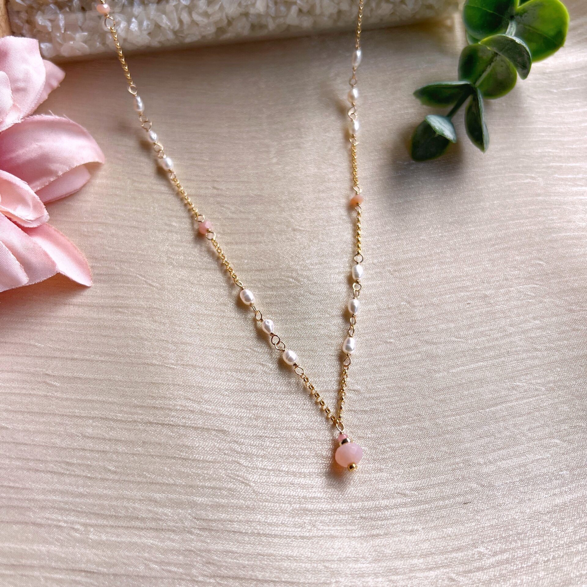 Pink opal and baroque pearl Yuki necklace - Image 4