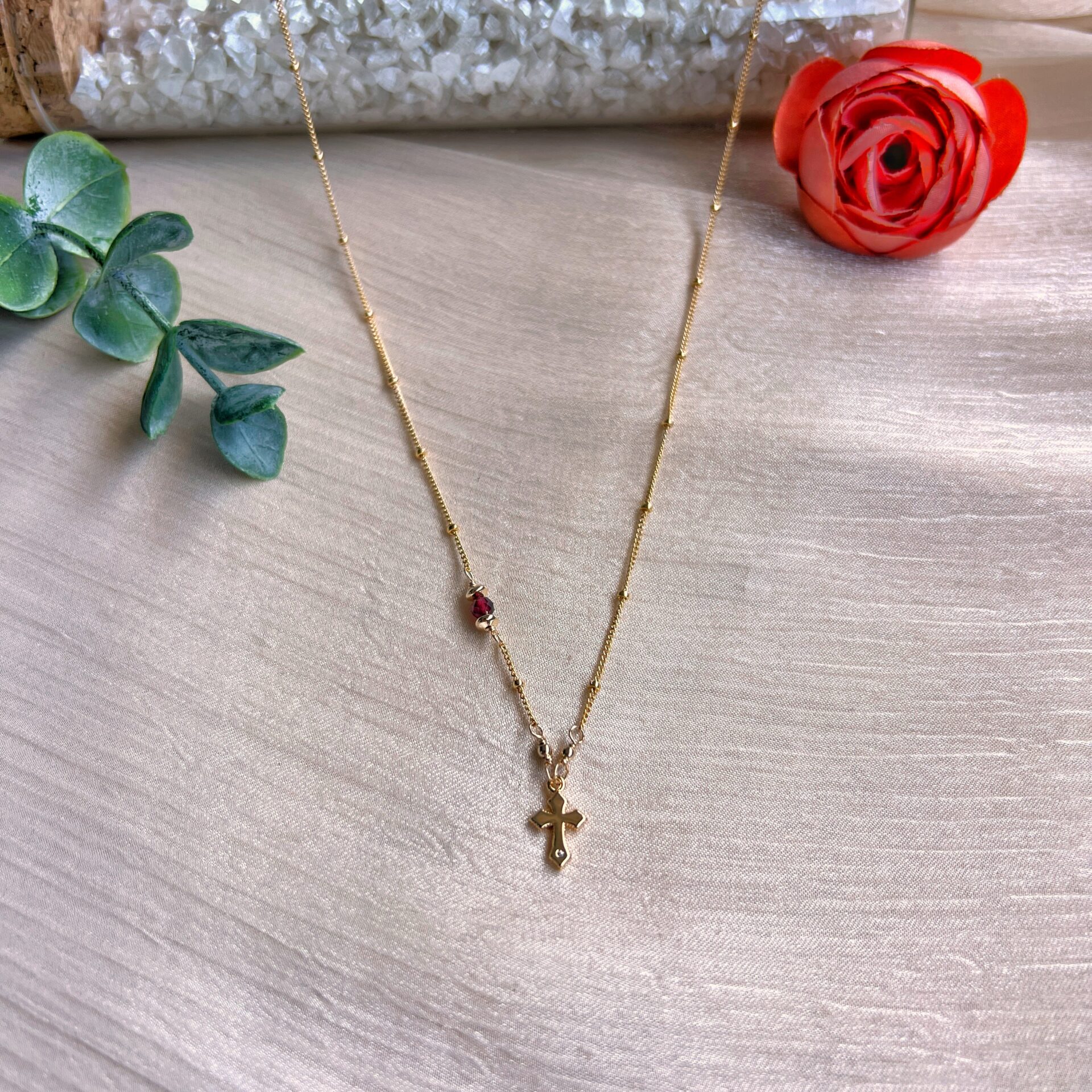 Garnet and tiny cross charm dainty necklace - Image 3