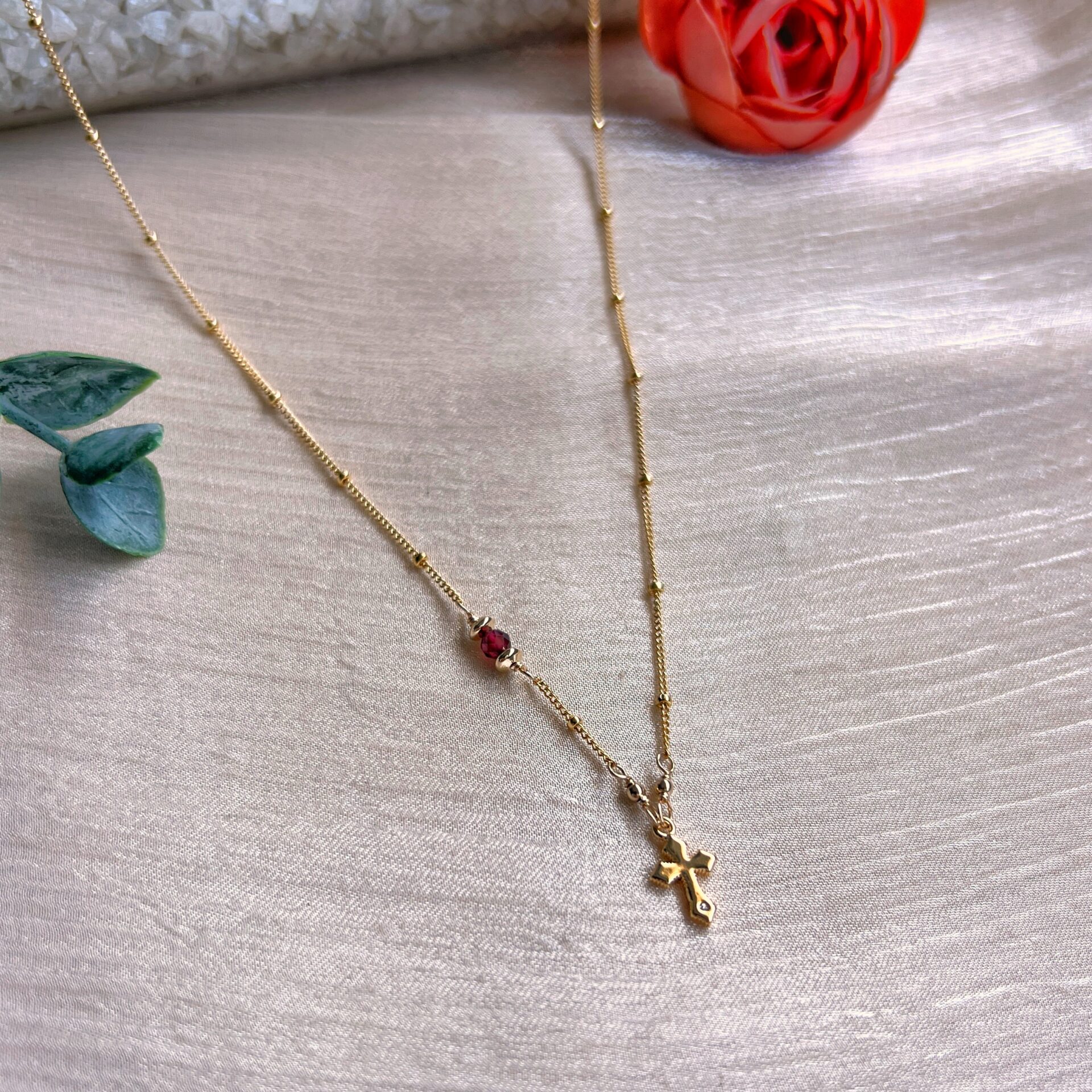 Garnet and tiny cross charm dainty necklace - Image 2