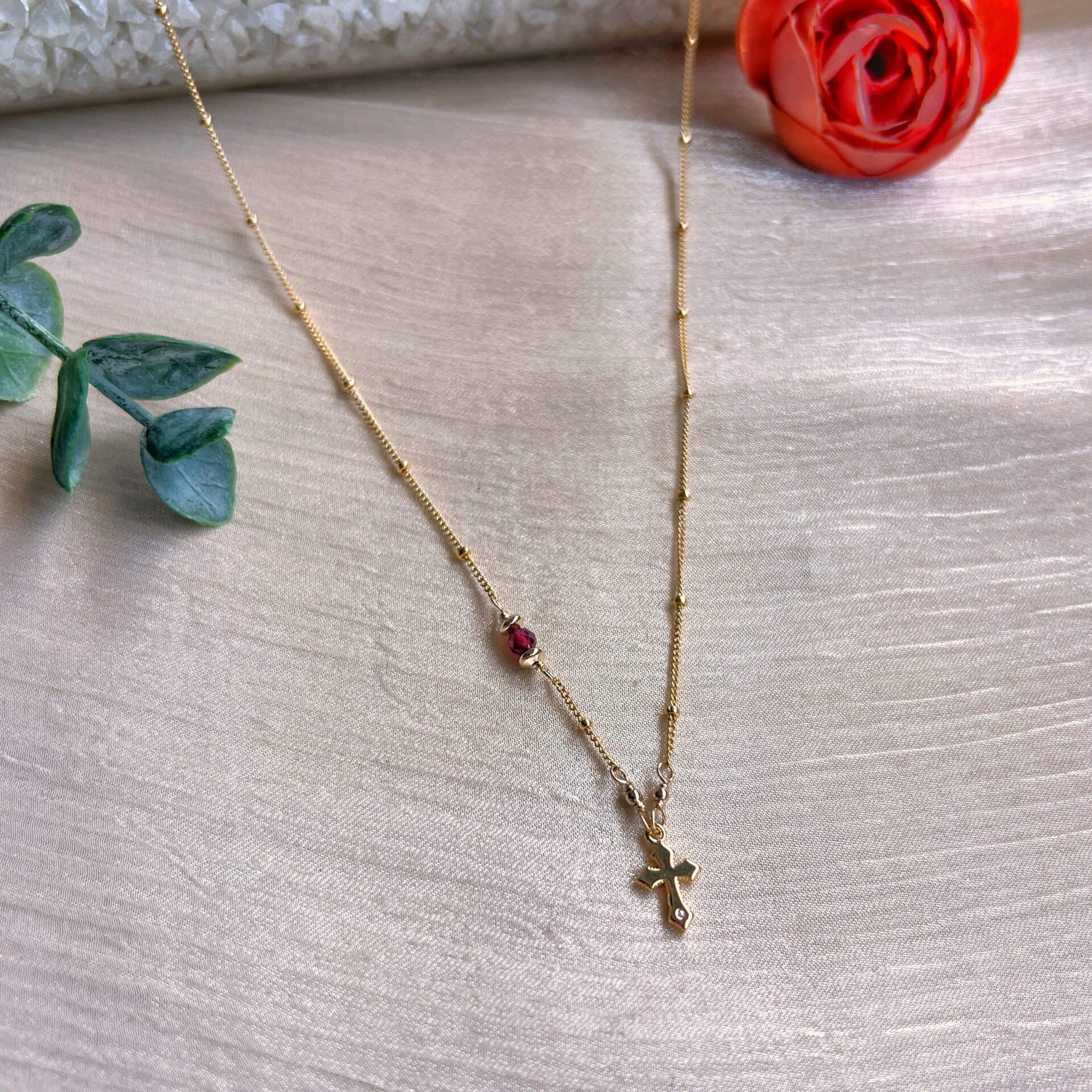 Garnet and tiny cross charm dainty necklace - Image 4